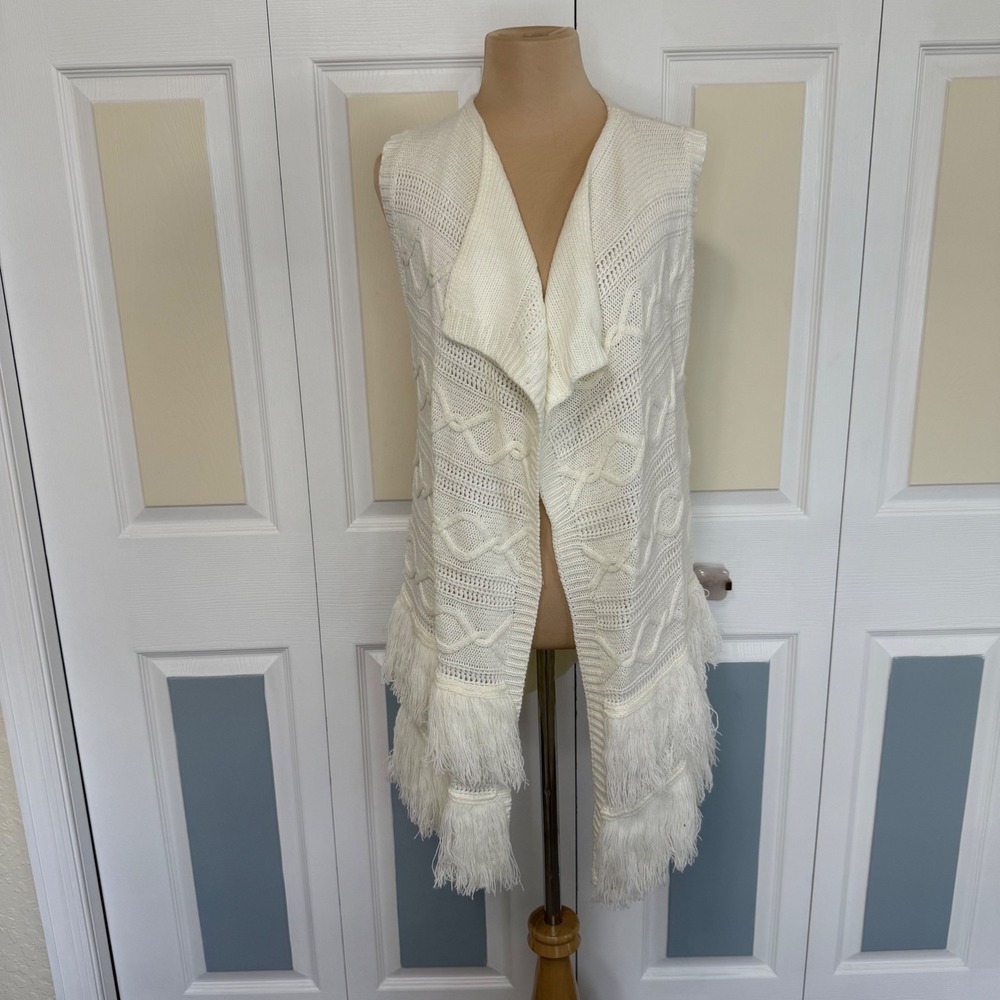 Roffe Anthropologie Rare Prototype Cream Cable Knit Fringe Sleeveless Cardigan M